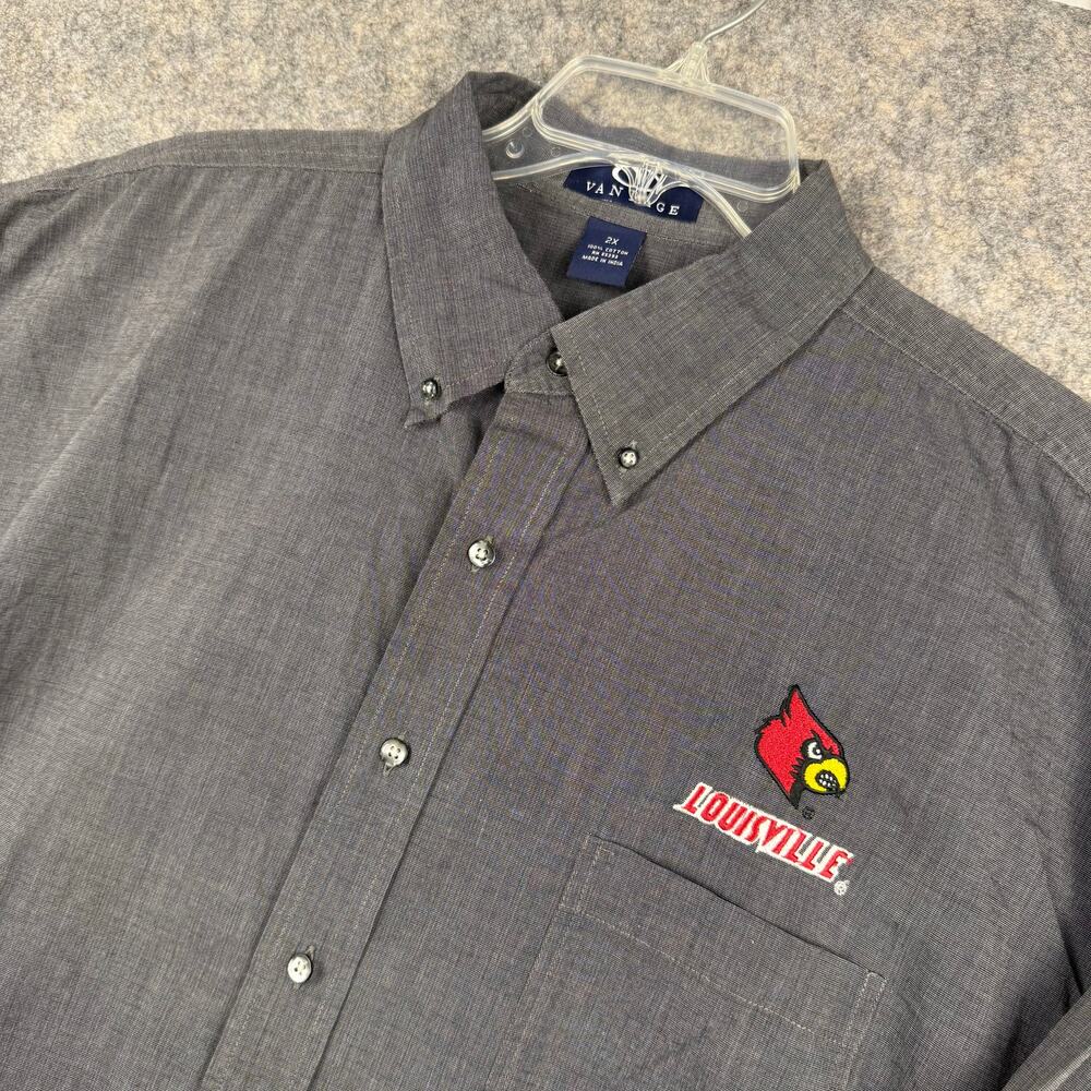 Louisville Cardinals Long Sleeve Button Front Shirt Gray Red Logo Size 2XL 265